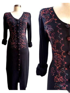 Carole Little VINTAGE 80s Black Embroidered Sweater Dress sleek bodycon